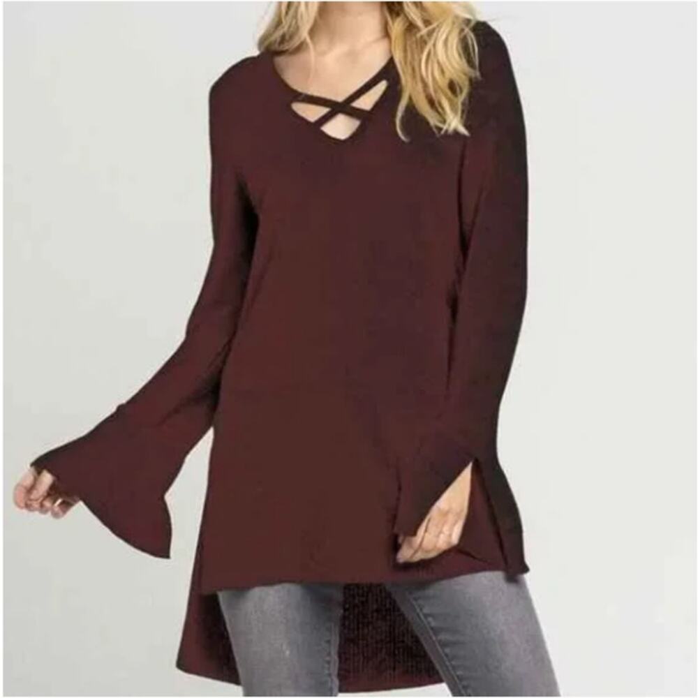 Free People Angi Tunic Sweater Dark Brown Crisscross‎ Neck Slits Knit Boho S